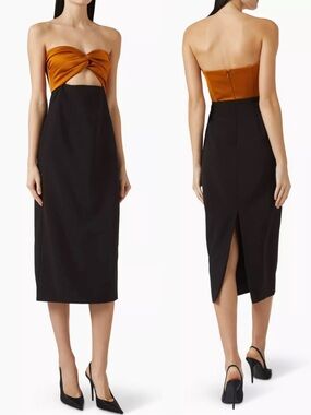 ET OCHS Marlo Women’s Strapless Black Bronze Satin Cutout Cocktail Midi Dress